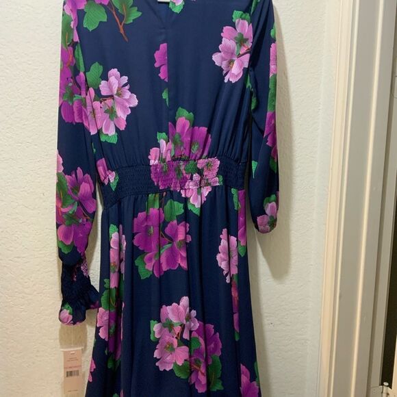 nanette Lepore Navy & Fuchsia Floral Cinched Midi Dress 10 Flowy NWT - Picture 10 of 16